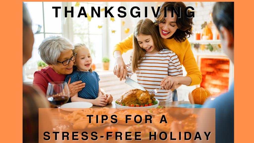 A happy family gathered around a dinner table, enjoying Thanksgiving together with smiles and a festive meal.