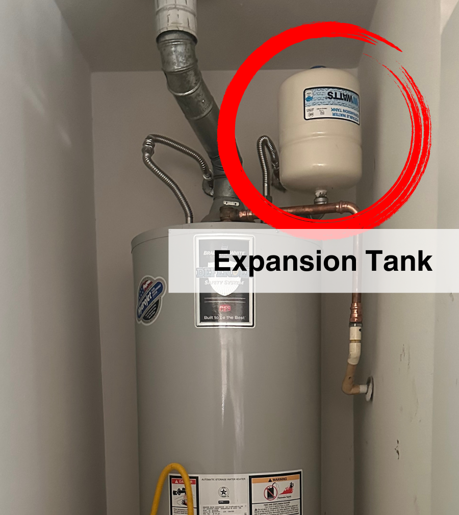 Expansion tank attached to a water heater to manage pressure and protect the plumbing system.