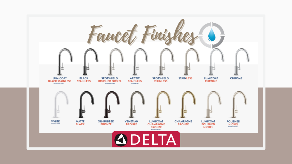 Delta kitchen faucets in multiple finishes, including Chrome, Stainless Steel, Oil-Rubbed Bronze, Polished Brass, Satin Brass, Matte Black, Copper, and Champagne.