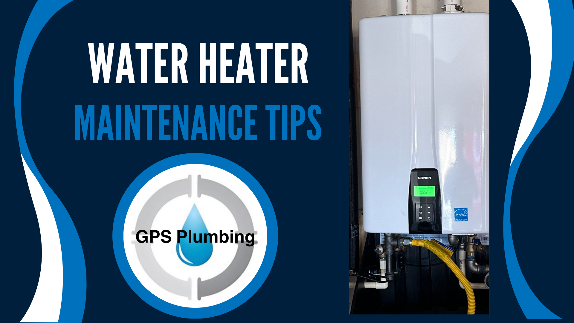 Tankless water heater with the text 'Water Heater Maintenance Tips."