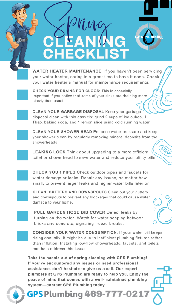 Printable spring cleaning checklist for water heater maintenance, drain cleaning, and plumbing tasks.