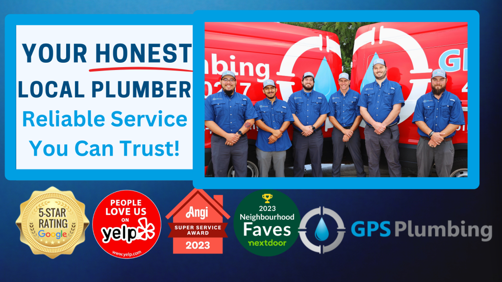 GPS Plumbing team photo with Angi, Google, Nextdoor, and Yelp awards, alongside the GPS Plumbing logo, highlighting their recognition as a trusted local plumber.