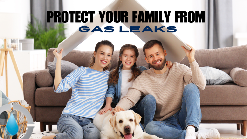 Happy family with a dog sitting under a house roof symbol, representing home safety and comfort