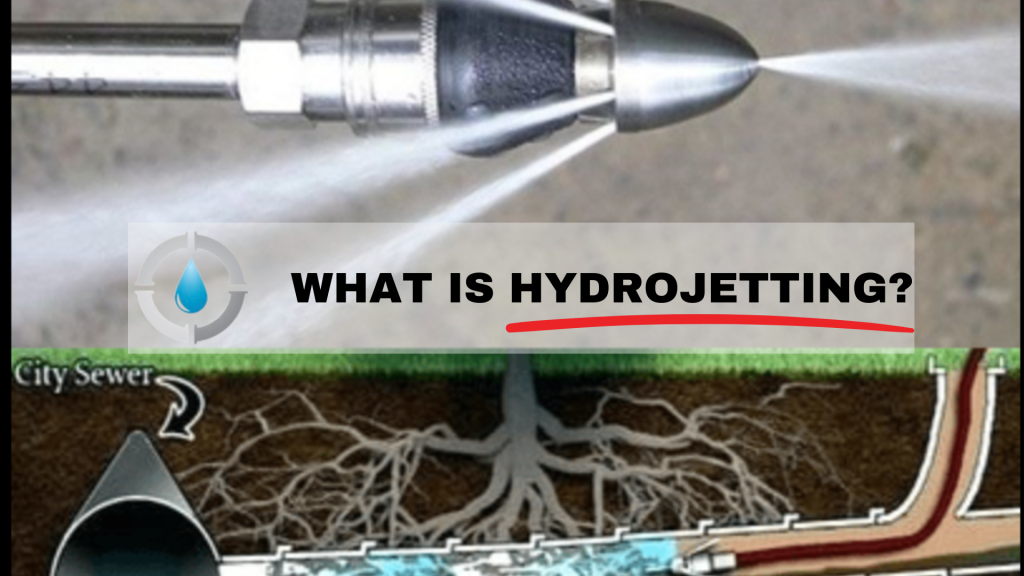 Hydrojetting plumbing high-tech equipment demonstrating how high-pressure water clears drains and pipes, showcasing advanced drain cleaning technology.