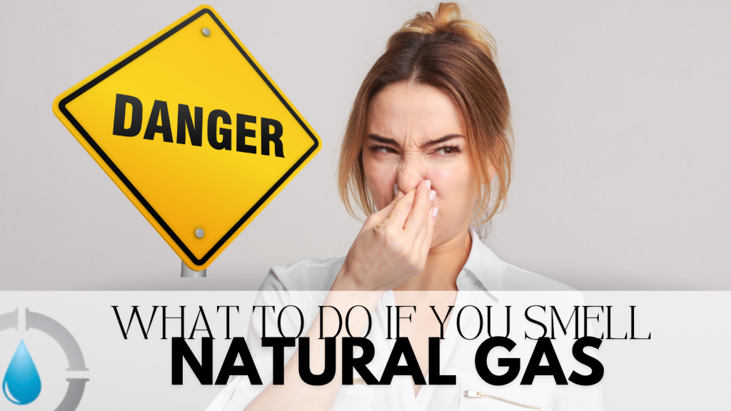 Woman holding her nose with a danger sign in the background, indicating the smell of natural gas and the associated risks of a gas leak that smells like rotten eggs.