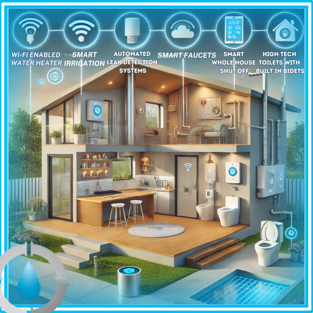 A modern home equipped with GPS Plumbing's smart plumbing technology, including Wi-Fi-enabled water heaters, smart leak detectors with automated shut-off valves, smart faucets, high-tech toilets with bidets, and a smart irrigation system for the garden.