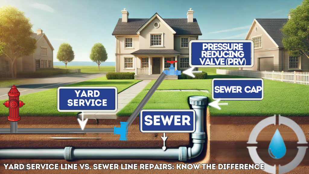 Illustration of a residential yard showing a fire hydrant, yard service line with a pressure reducing valve (PRV), and sewer system.