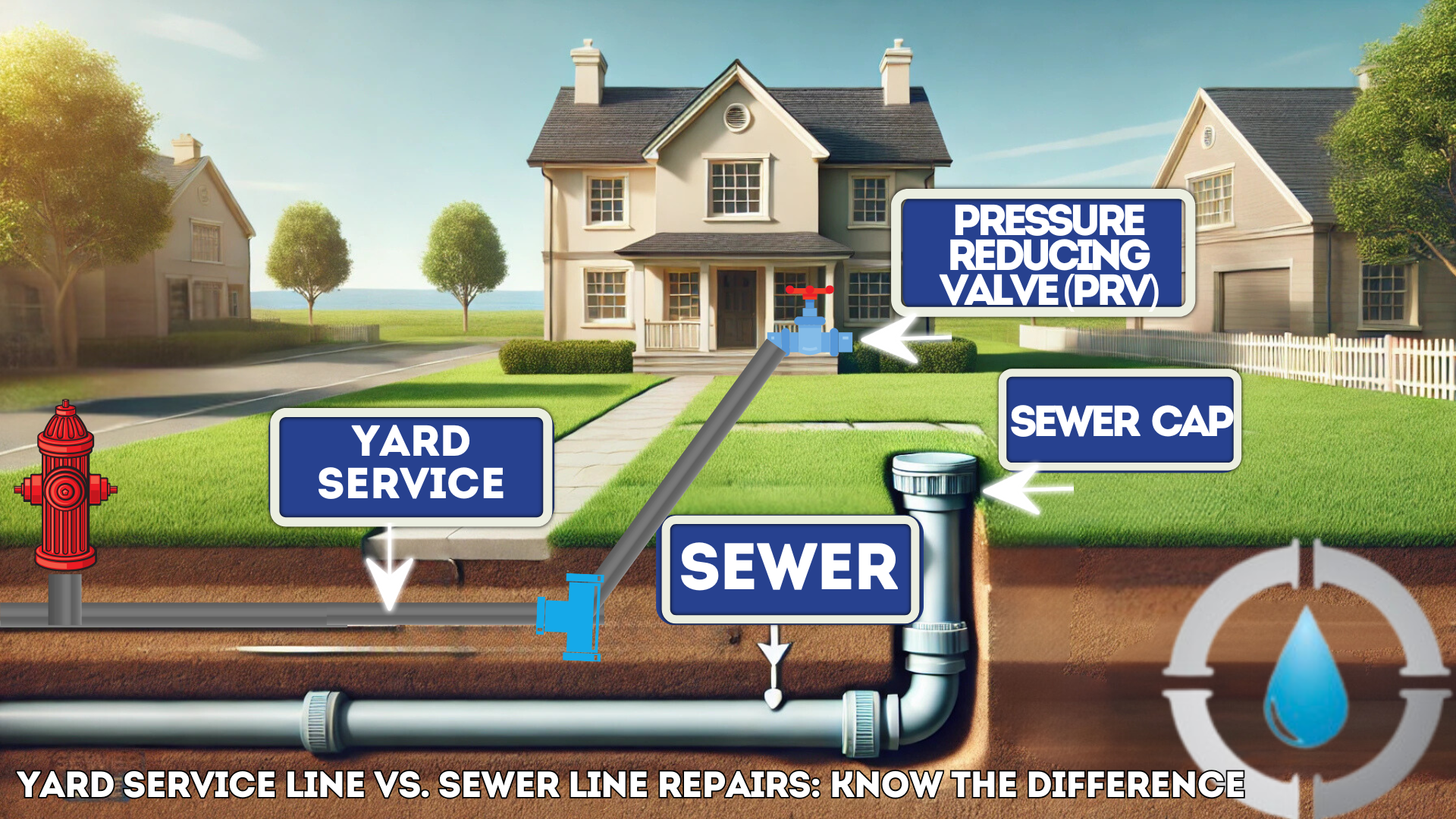 Illustration of a residential yard showing a fire hydrant, yard service line with a pressure reducing valve (PRV), and sewer system.