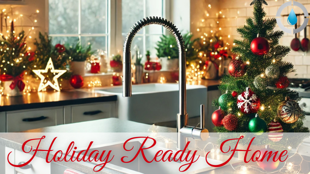 A festive kitchen decorated for the holidays, featuring a modern sink with a sleek faucet, a stainless steel oven, and holiday-themed decorations like garlands and a small Christmas tree. GPS Plumbing logo displayed in the corner.