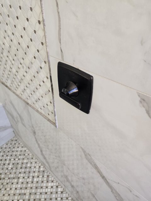 Black Delta shower valve trim installed in white tile wall with perforated shower head visible to the left