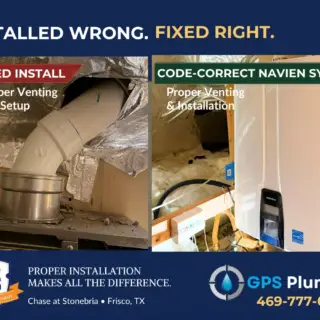 Before and After comparison of Rinnai vs Navien tankless water heater installation by GPS Plumbing.
