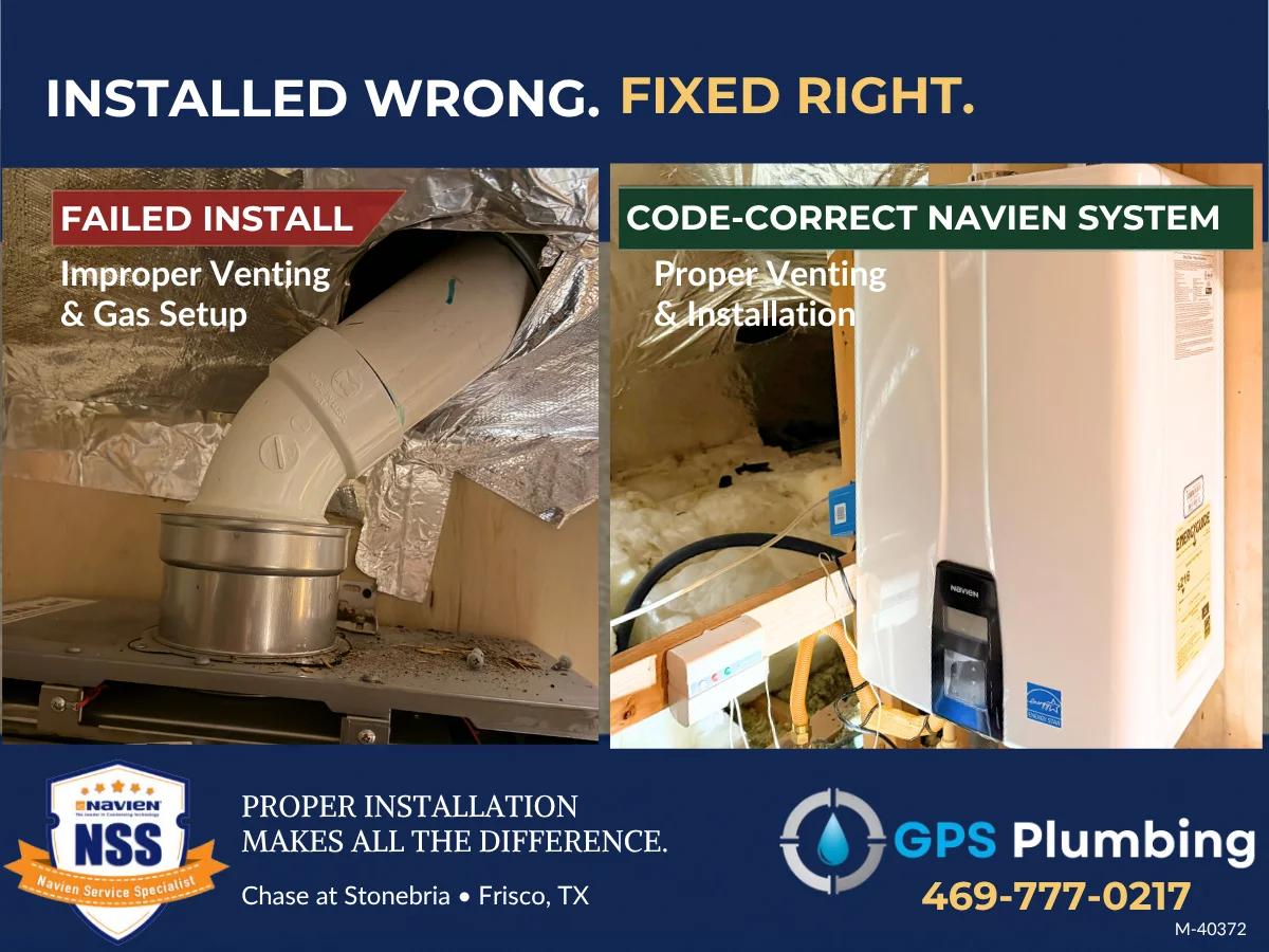 Before and After comparison of Rinnai vs Navien tankless water heater installation by GPS Plumbing.