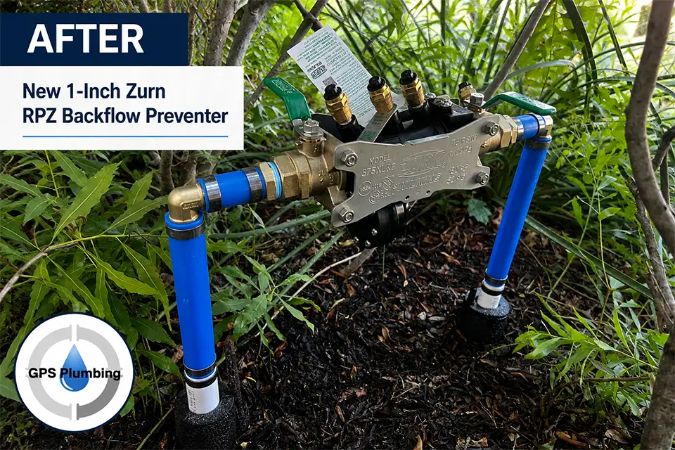 New 1-inch Zurn RPZ backflow preventer installed by GPS Plumbing in Newman Village, Frisco, Texas.