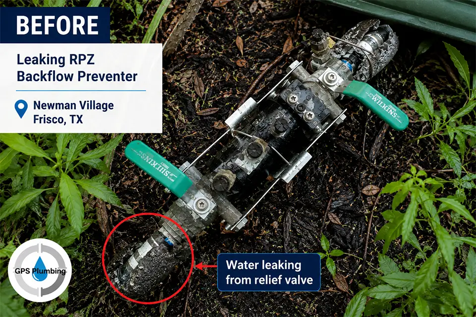 Leaking RPZ backflow preventer before replacement at a home in Newman Village, Frisco, Texas.