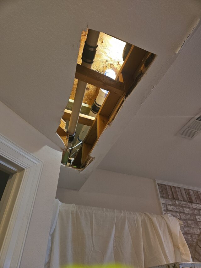 3-inch waste line leak occurred above the kitchen