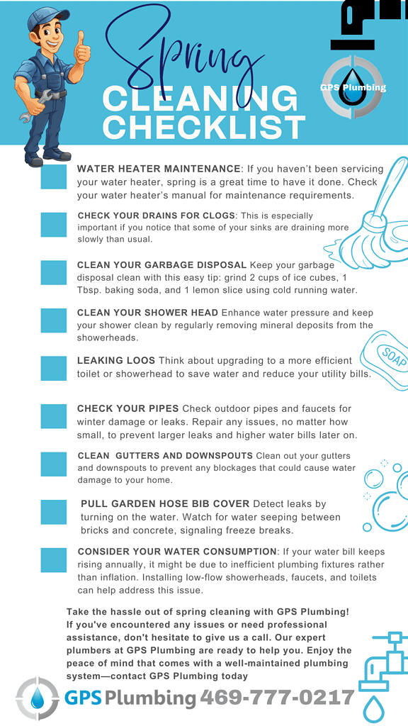 Printable spring cleaning checklist for water heater maintenance, drain cleaning, and plumbing tasks.