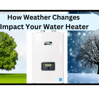 A modern tankless water heater in the center of a circular transition of trees, showing autumn leaves changing to bare winter branches with snow in the background, symbolizing seasonal changes.