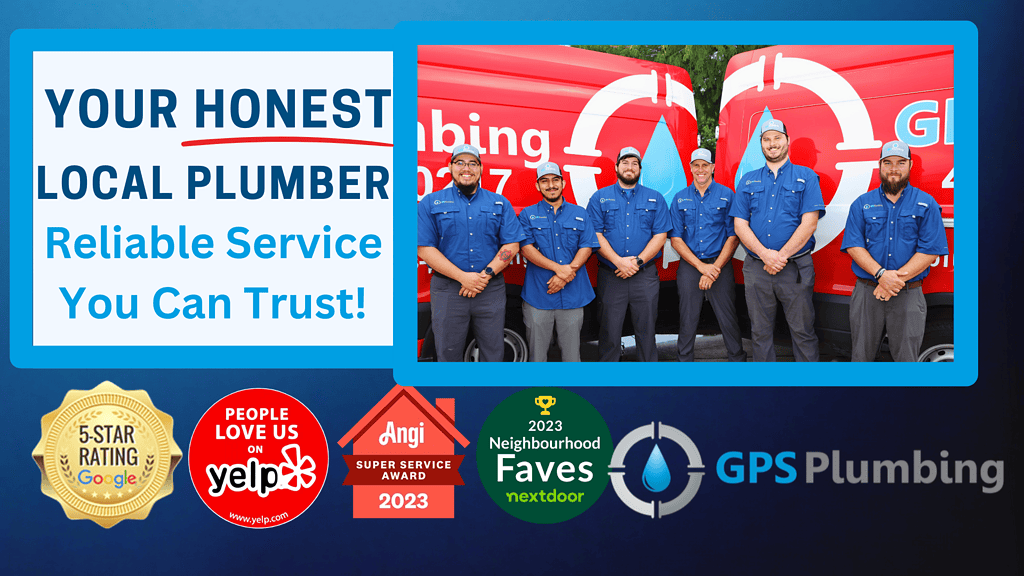 GPS Plumbing team photo with Angi, Google, Nextdoor, and Yelp awards, alongside the GPS Plumbing logo, highlighting their recognition as a trusted local plumber.