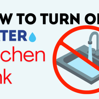Running water from a kitchen sink with instructions on how to turn off the water supply using the shut-off valves.