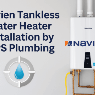 Navien tankless water heater installation by GPS Plumbing, showcasing expert installation and sleek, space-saving design.