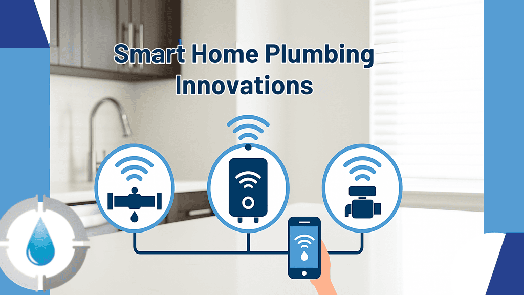 Illustration depicting smart home plumbing innovations, showing connected icons for smart leak detection, water heaters, and shut-off valves managed through a smartphone app.