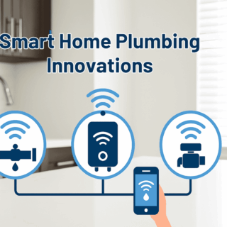 Illustration depicting smart home plumbing innovations, showing connected icons for smart leak detection, water heaters, and shut-off valves managed through a smartphone app.