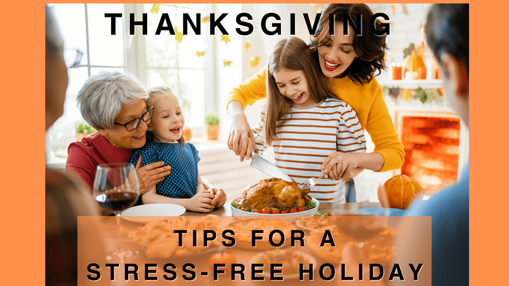 A happy family gathered around a dinner table, enjoying Thanksgiving together with smiles and a festive meal.