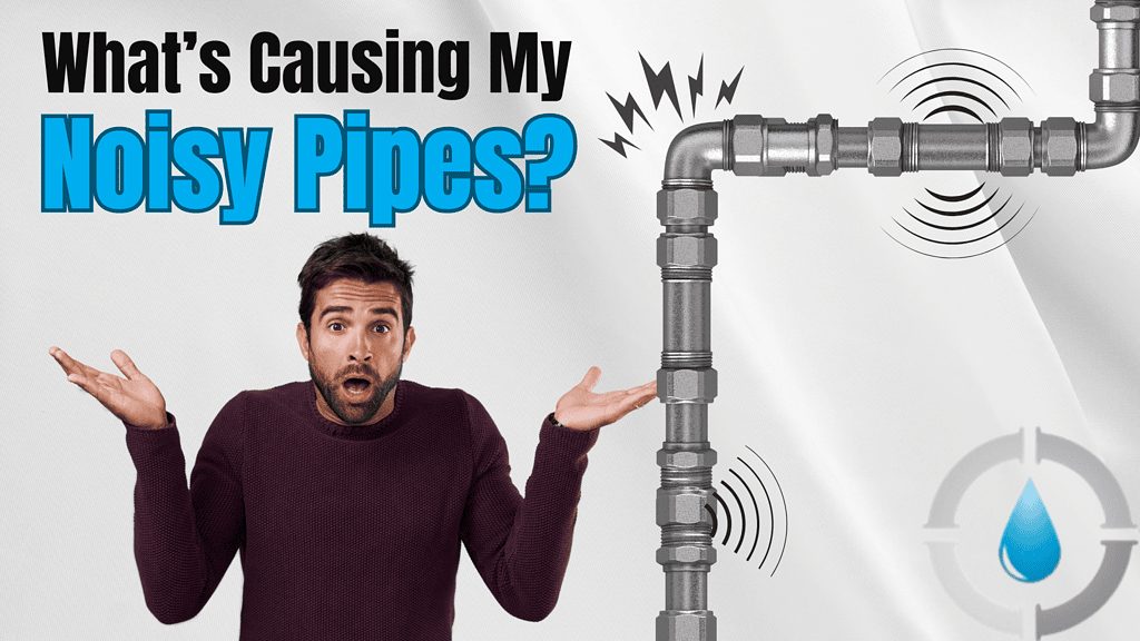 A customer shrugging with a confused expression, wondering 'What's causing my noisy pipes?' while a set of pipes nearby is visibly vibrating and making noise.