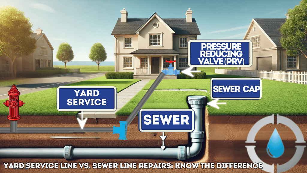 Illustration of a residential yard showing a fire hydrant, yard service line with a pressure reducing valve (PRV), and sewer system.
