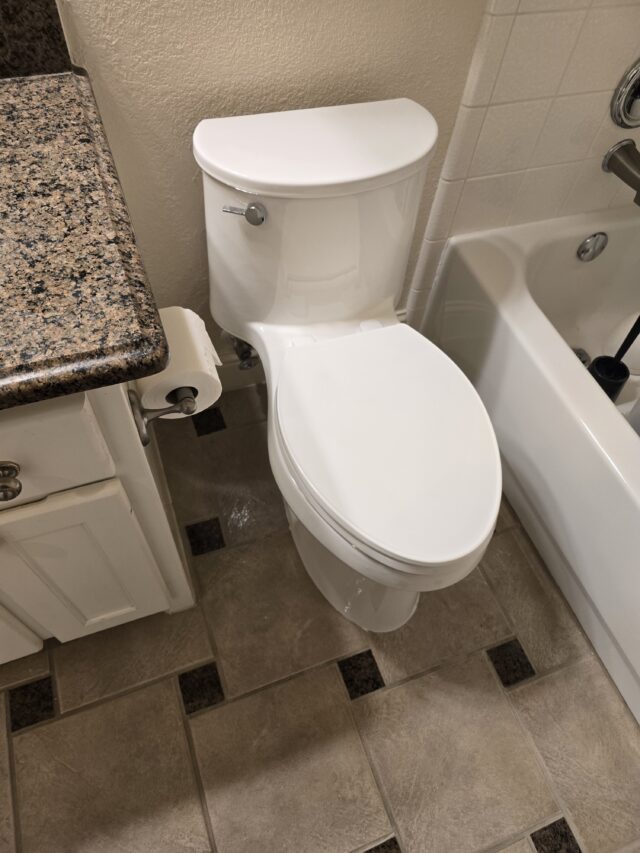 Completed installation of one of three toilets at the home, professionally installed and tested for proper function.