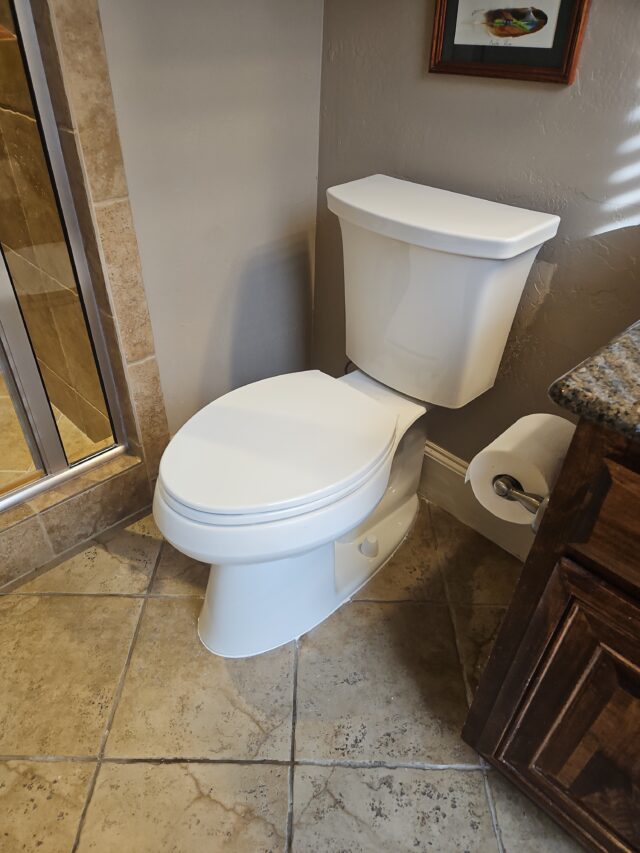 Repair damaged flange and reset toilet