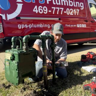 Licensed GPS Plumbing plumber repairing a damaged gas line that was causing a gas leak outside a home