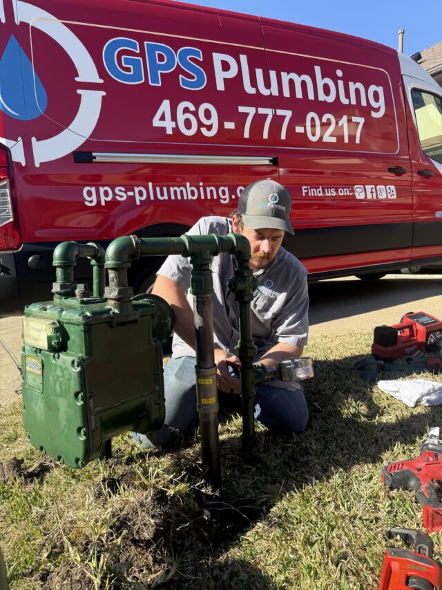 Licensed GPS Plumbing plumber repairing a damaged gas line that was causing a gas leak outside a home