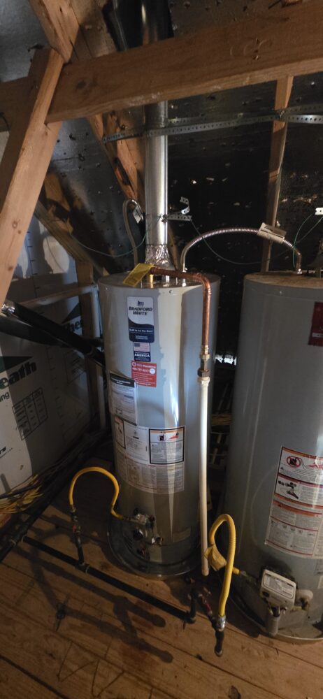 Newly installed Bradford White water heater in attic