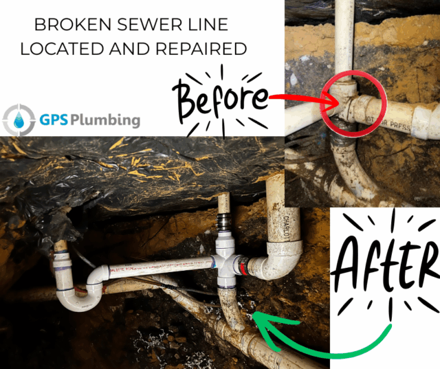 Slab leak repair under a house with before and after by GPS Plumbing