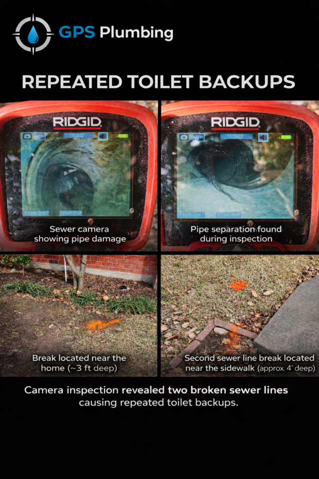 Camera inspection of sewer line led to finding two sewer breaks.