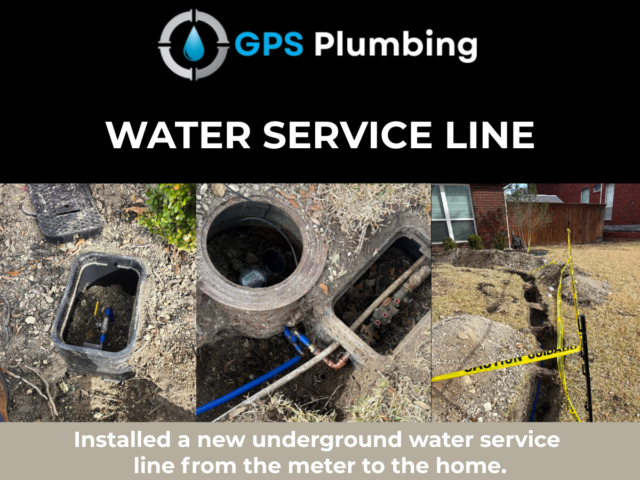 Trench dug in yard to install new underground water service line from the meter to the home.