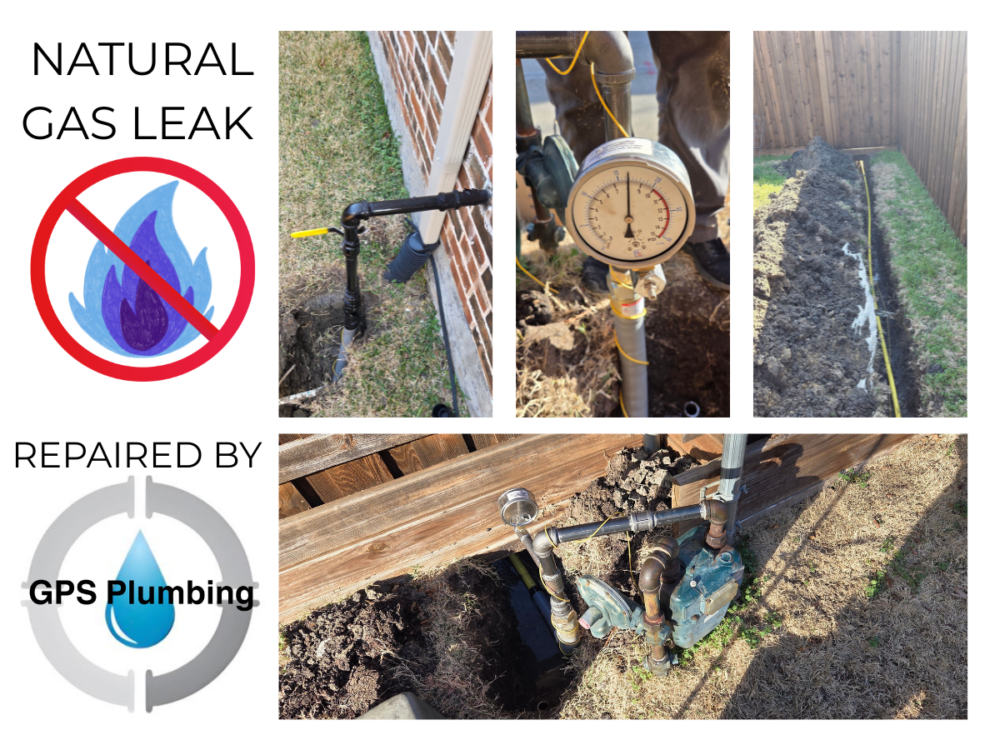 Licensed GPS Plumbing plumbers installing and pressure testing a new permitted natural gas line after a gas leak was discovered.