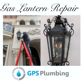 GPS Plumbing technician on ladder servicing ornate black gas lantern during Frisco storm damage repair job