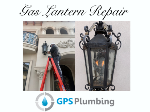GPS Plumbing technician on ladder servicing ornate black gas lantern during Frisco storm damage repair job