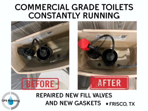 Before and after comparison of commercial toilet fill valve and gasket repairs in Frisco, TX.