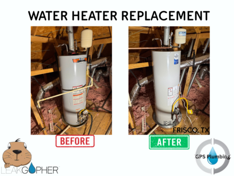 Before and after water heater replacement in Frisco home, showing old unit with leak damage and new installed unit with Leak Gopher protection system.