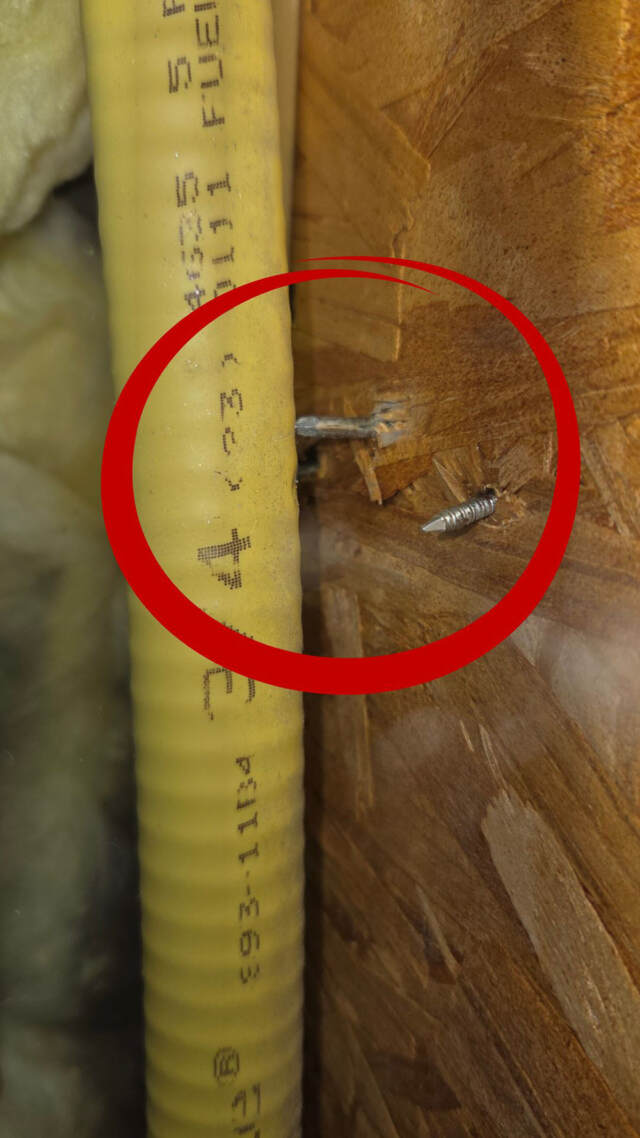 Source of gas leak identified — nail punctured the gas line.