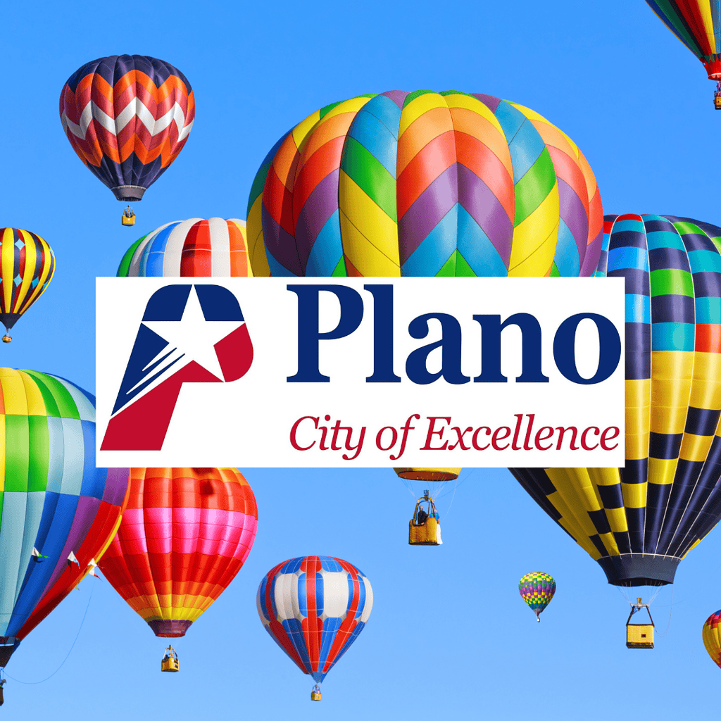 Plano city logo with a vibrant scene of the Plano Balloon Festival, showcasing colorful hot air balloons in the sky, celebrating the community spirit of Plano, Texas.